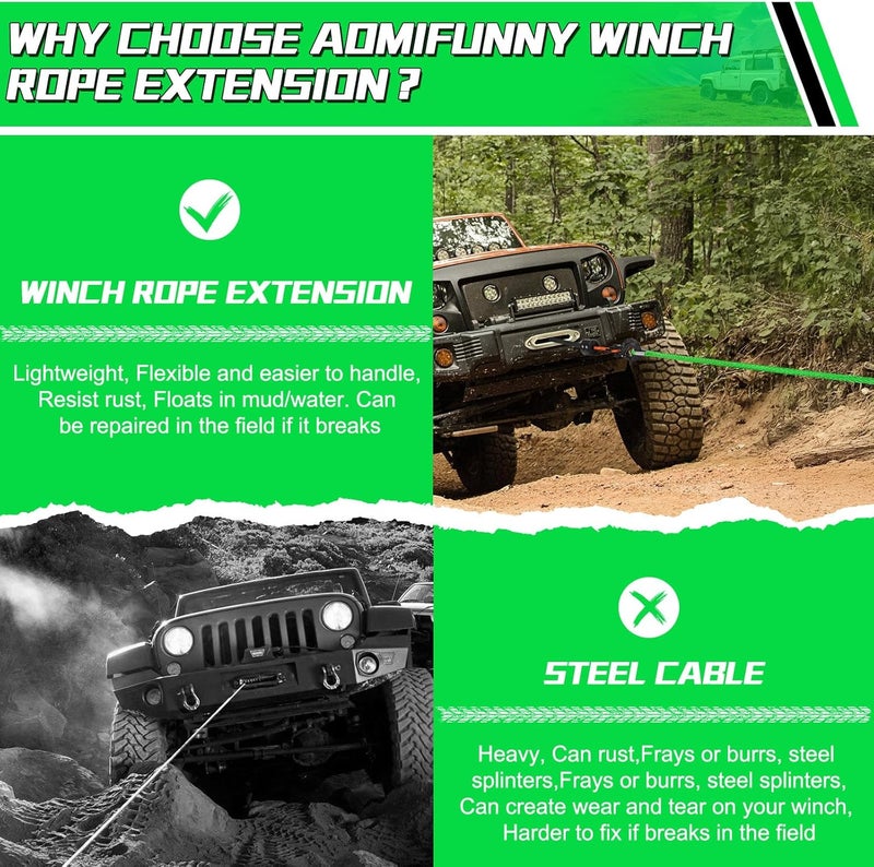 Aomifunny Synthetic Winch Rope Extension, 3/8Inch x 50Ft 26500 Lbs Winch Extension Cable Replacement Tow Ropes Line for Off Road Vehicle ATV UTV Truck SUV Jeep (Green) - Image 4